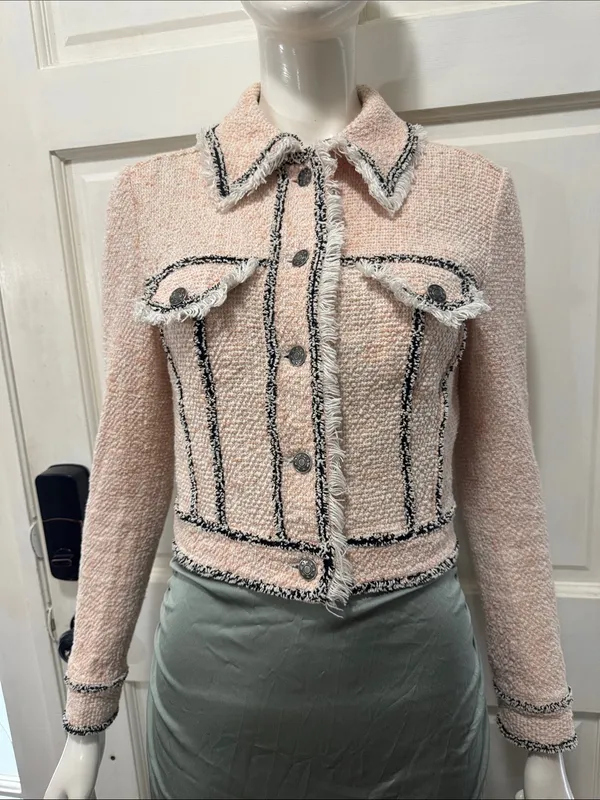 Veronica Beard Cotton Blend Pale Pink Tweed Fringed Blazer with Gray Trim S XS - Image 2