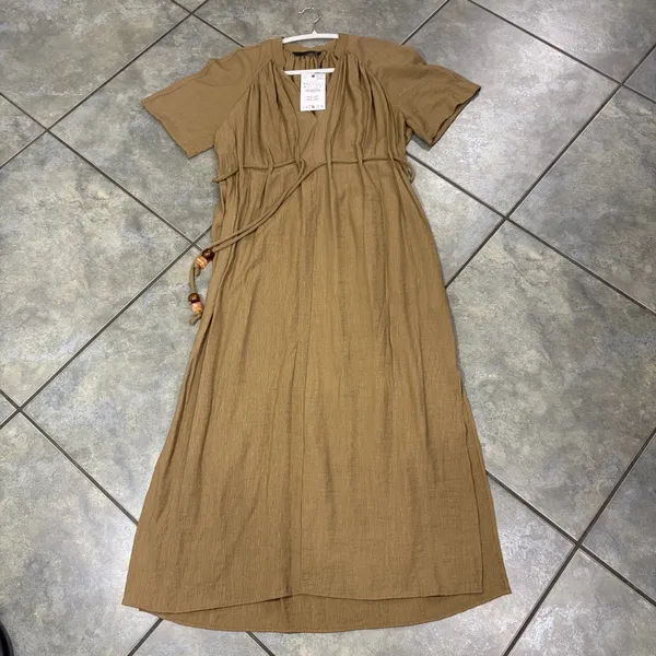 Zara Dress Womens Sz XS Khaki Olive Midi Pleated Tie Waist Contemprorary Beachy - Image 10