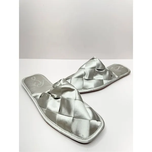 Sam Edelman Mules Ladies 6.5‎ Silver Slip On Round Toe Woven Satin Finish Shoes - Image 6