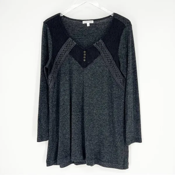 Downeast Love Long Sleeve‎ Rib Knit Top Women's XL Gray Boho - Image 2