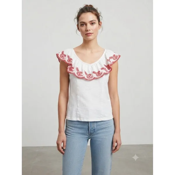 Anthropologie Moulinette Soeurs White/Red Julieta Ruffled Top Size S Boho Chic - Image 12