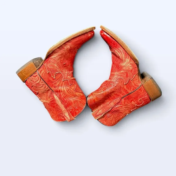 Vintage Dan Post Red Tooled Leather Cowboy Boots Women 7.5 M Square Toe Western - Image 5