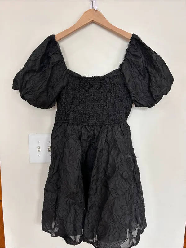 Allison & Kelly Short Puff Sleeve Printed Jacquard Dress Black M - Image 2