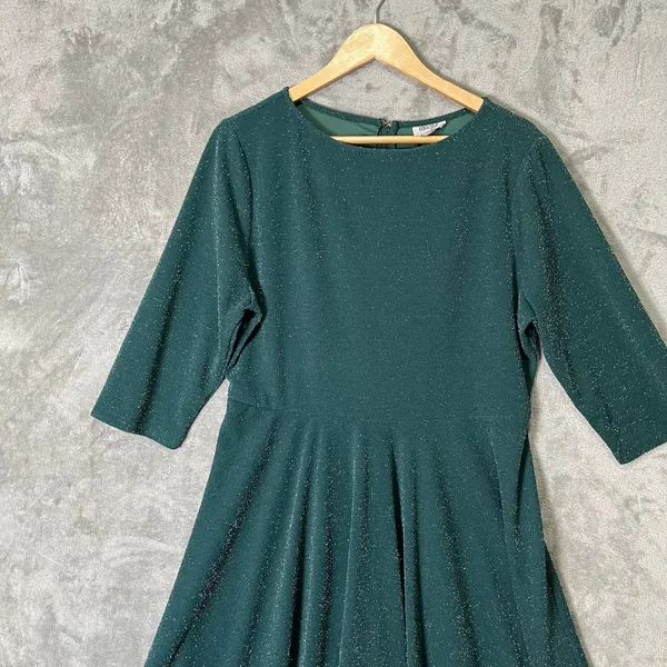 Unique Vintage XL Emerald Glitter Dress Vintage Inspired‎ Fit Flare Pin Up New - Image 2
