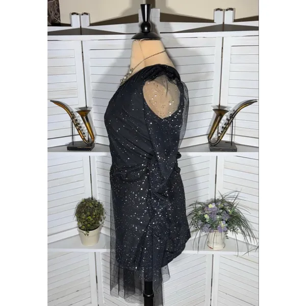 Shein mini dress black sparkle one shoulder sheer cocktail glam whimsigoth sz 1X - Image 4