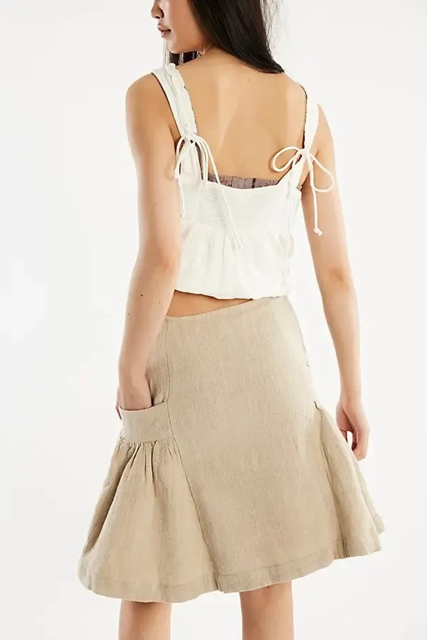 Free People Neutral Beige Textured linen and cotton A-Line Ruffle Skirt - Image 2