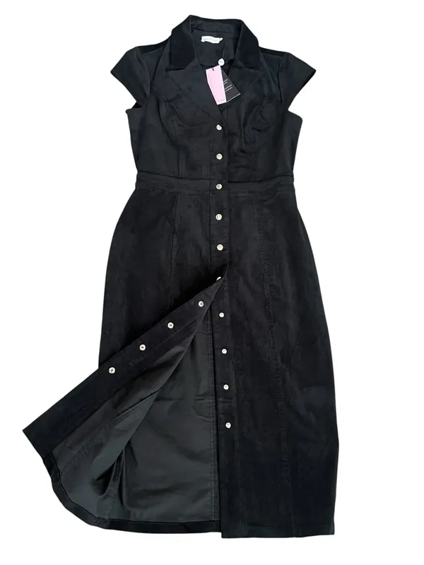 Avec Les Filles Women’s Black Corduroy Button Front Short Sleeve Midi Dress Sz 6 - Image 7