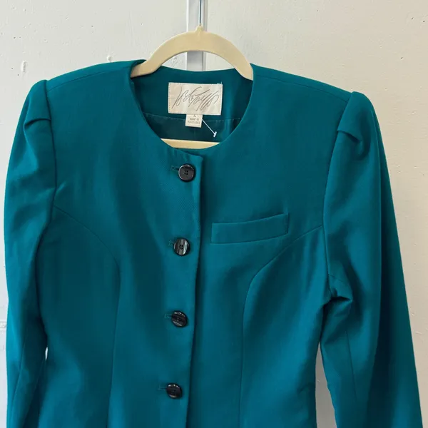 Lord & Taylor Vintage Teal Wool Flannel Blazer Collarless Button Front Jacket‎ 4 - Image 4