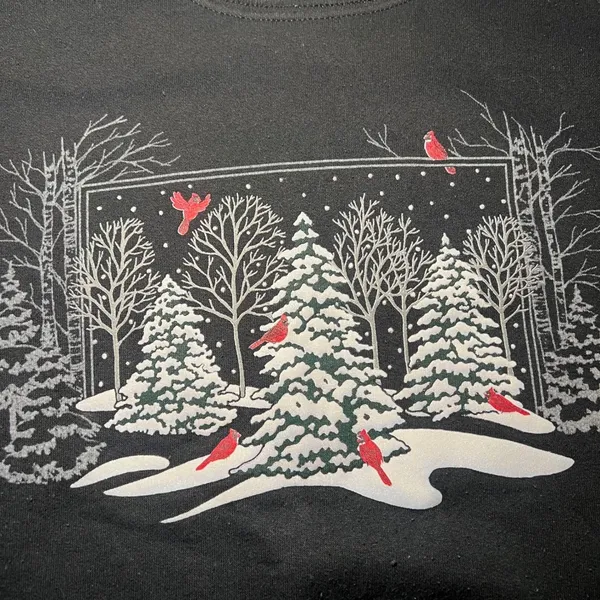 90s Top Stitch Morning Sun Black Red Cardinal Christmas Sweatshirt winter sz L - Image 3