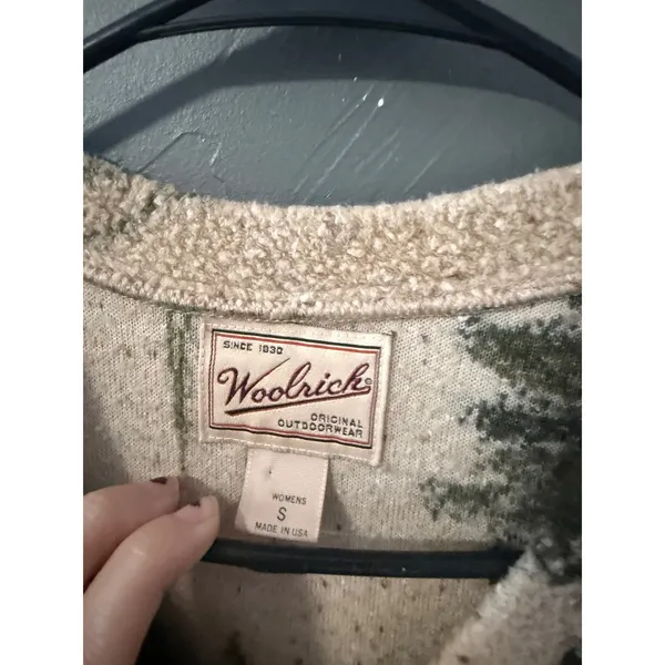 Woolrich Vintage Pine Tree Sherpa Fleece Pullover V-Neck Cream Green Womens S - Image 4