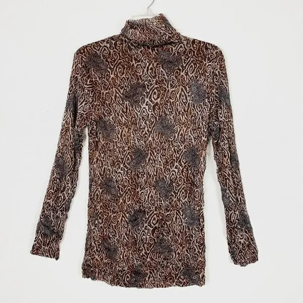 Vintage y2k Brown Swirl Pattern Long Sleeve Turtleneck Blouse - Image 3