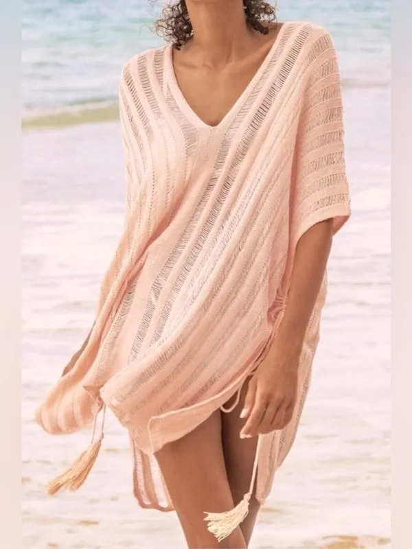 Cupshe Crochet Peach Tassels Cover Up V-Neck Side-tie Women's Poncho Cover Up - Image 2