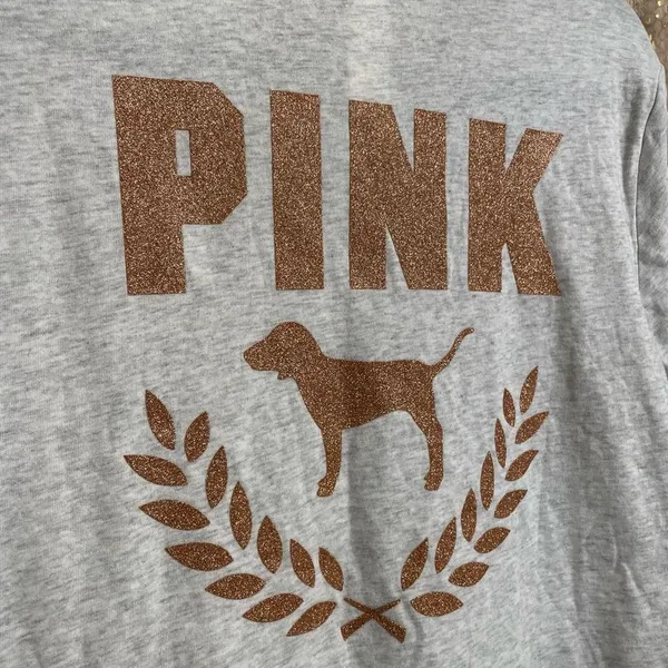 PINK Victorias Secret Rosegold Gray Glitter Logo T-Shirt, M NWT - Image 3