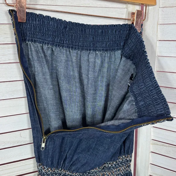Poetry‎ Boho Smocked Strapless Wide Leg Chambray Jumpsuit Denim Blue Small - Image 10