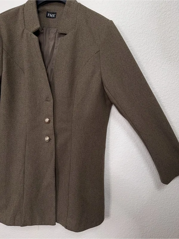 FME Brown Longline Blazer Gold Button Tailored Jacket Minimalist Quiet Luxury - Image 5