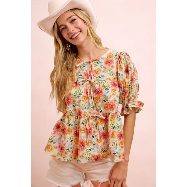 BiBi Flower‎ Printed Shirring Detail Blouse Top - Flower - Large - Image 7