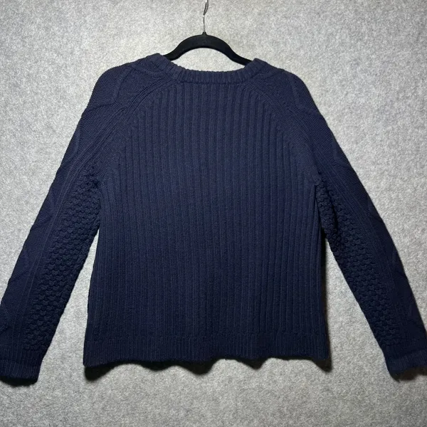 J.Crew Navy Blue‎ 100% Wool Sweater Bobble Diamond Cable Knit Crewneck Medium - Image 7