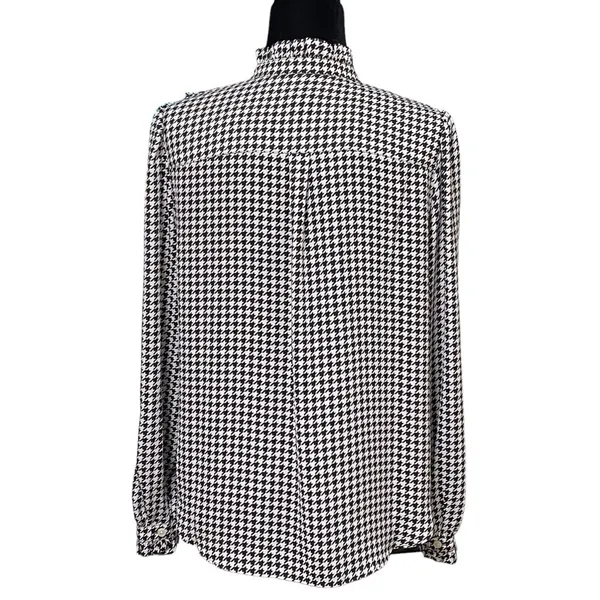 Ann Taylor Houndstooth Ruffle Neck Button Up Long Sleeve Blouse Small - Image 4