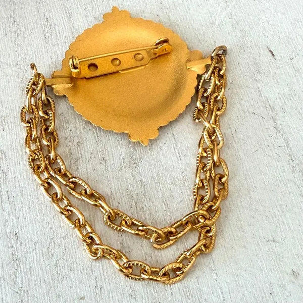 Vintage Gold Tone Classical Medallion Double Chain Swag Brooch - Image 3