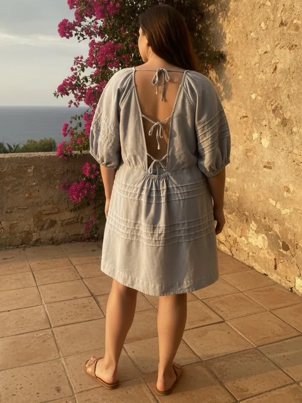 7 For All Mankind Light Blue Cotton V-Neck Puff Sleeve Relaxed Mini Dress XL - Image 2