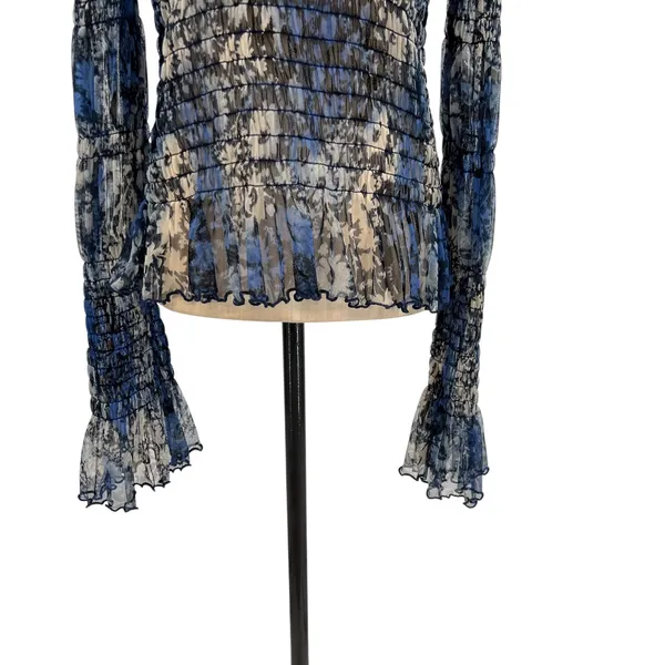 Free People Hello There Top‎ Blouse Smocked Flare Sleeve Mesh Floral Blue Large - Image 7