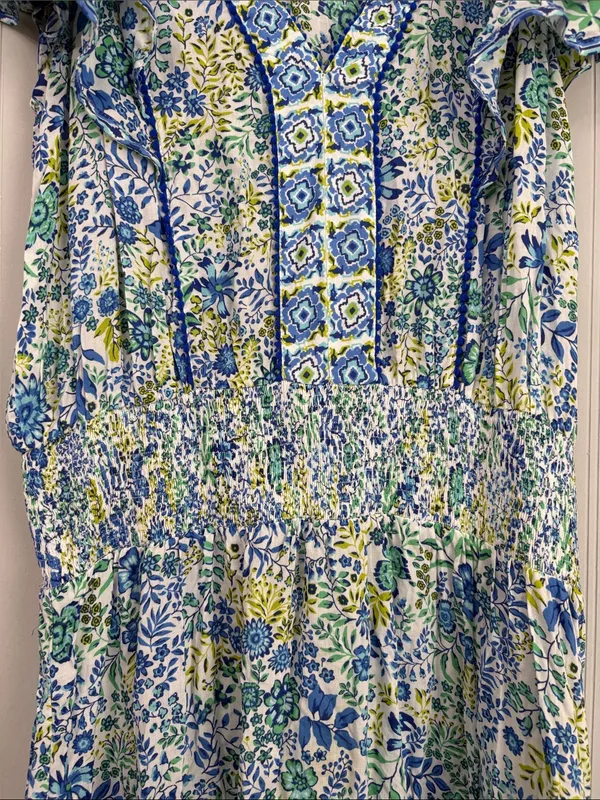 Poupette St Barth Short Sleeve Tiered Mini Dress Women Size Small Blue Green - Image 3