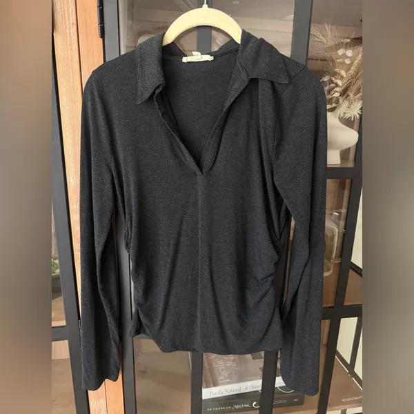 Madewell Side Cinch Long Sleeve Polo Top sweater vneck collar charcoal ruched - Image 2