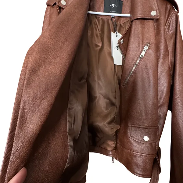 7 For All Mankind Women's Faux Leather Moto Jacket Brown L‎ Biker Chic Punk Rock - Image 8