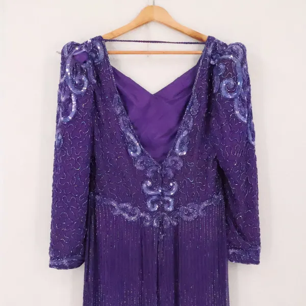 Vintage 80s Beaded Silk Gown Womens Size S Purple Sequin Formal Wedding FLAWS - Image 12