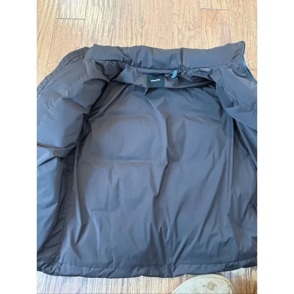 Theory brown stand up collar down fill puffer jacket size small - Image 11