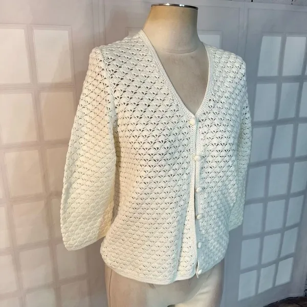 Lauren Ralph Lauren White Exclusive Hand Knit V-Neck Cardigan Petite Medium - Image 2