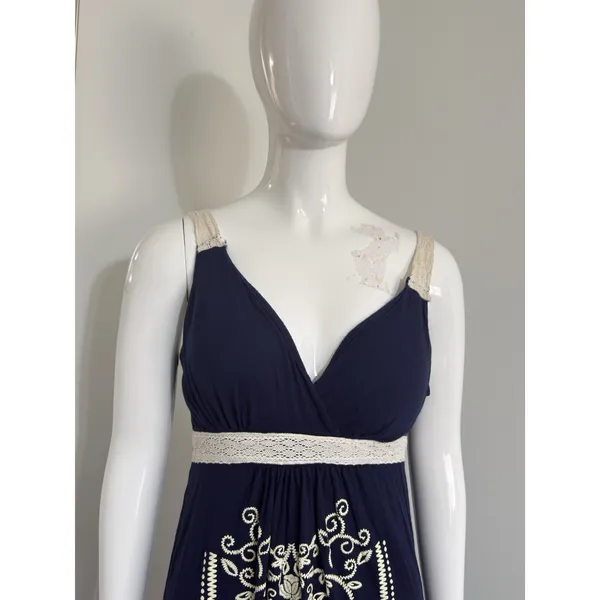 Women’s Blue Maxi Dress Size M Padded Lace Accents Embroidered Boho Cottagecore - Image 2