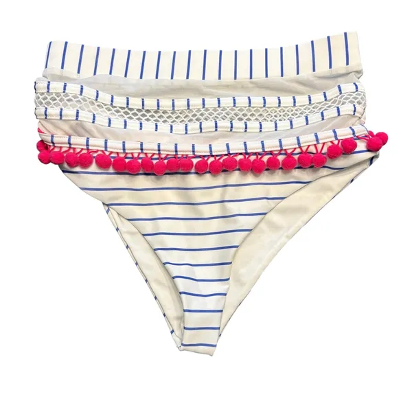 TULAROSA Nina High Waisted‎ Bikini Set Blue White Stripe Pink Pom Poms XS - Image 4