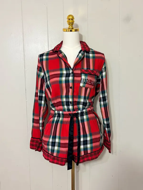 Victoria’s Secret Elsa Plaid Flannel Sleep Romper Red Tartan XS - Image 2
