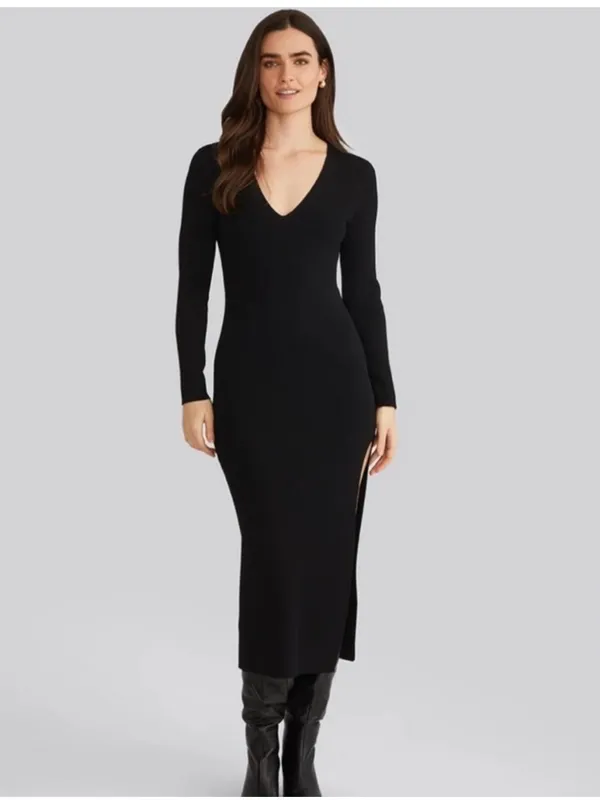 NWOT Good American V-Neck Bodycon Midi Black Dress 0 (US 0-2) SUPERGLUE FLAW - Image 5