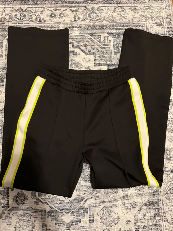 Zara Black Track Pants Neon Yellow White Piping Elastic Waist Medium - Image 2