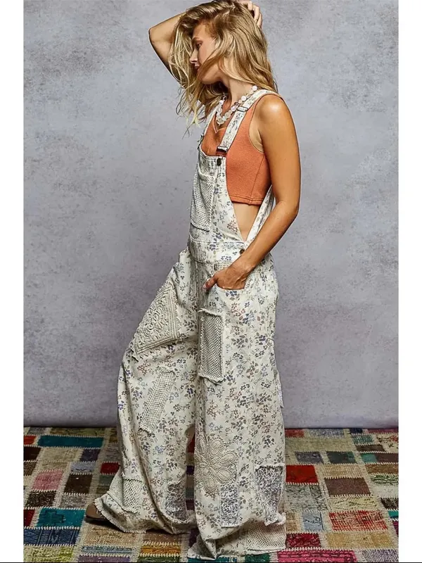 NWT POL Touch of Flowers Crochet Patch Overalls, Cream Floral Patchwork - Image 11