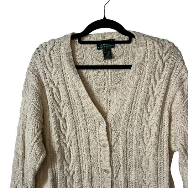 Lauren Ralph Lauren Cardigan Sweater Cable Knit Fisherman pockets women's medium - Image 2