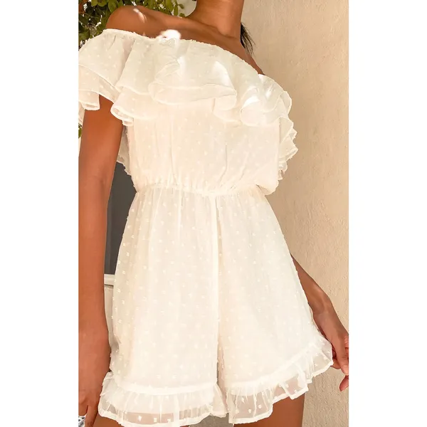 Lulus Frilled to Bits White Swiss Dot Off-the-Shoulder Romper Chiffon Medium NWT - Image 5