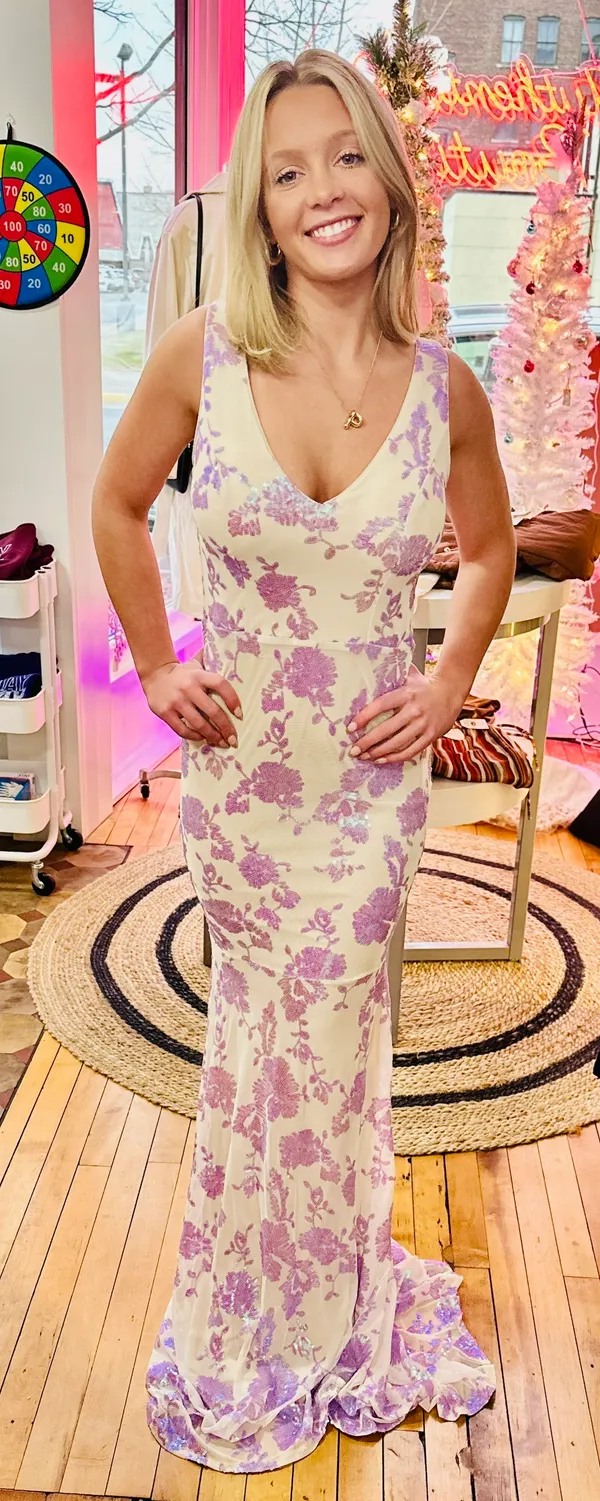 Cinderella Divine New Metallic Light Purple And Off White Prom Dress - Image 2