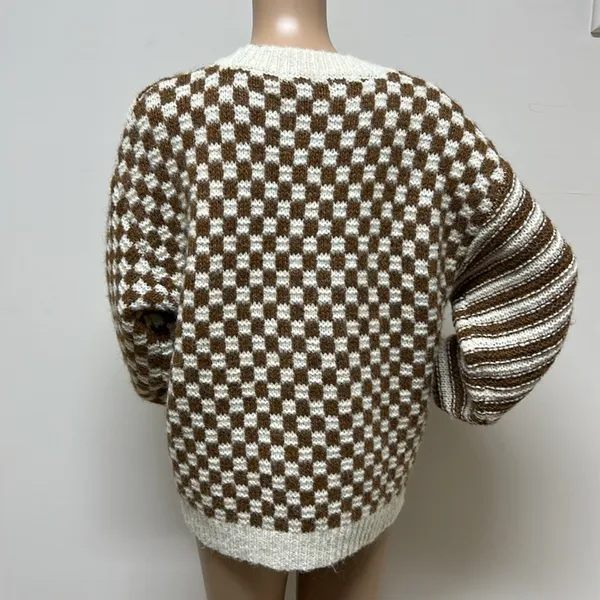 NWOT Blu Pepper Cream & Brown Checkerboard & Striped Sweater Sz S Puffed Sleeve - Image 7