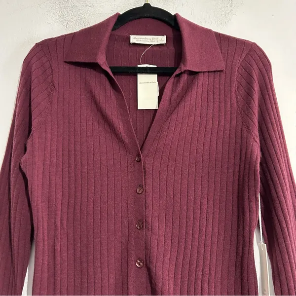 Abercrombie & Fitch 100% Merino Wool Ribbed Collared Sweater Preppy Academia - Image 7