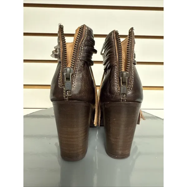 Bed Stu Onset Olivia Women's 6.5 Peep Toe Fringe Booties Brown Leather Heel Boho - Image 8