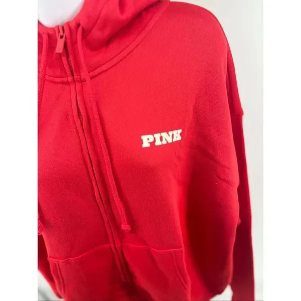 Victoria’s Secret Pink Full Zip Campus Hoodie Drawstring Logo NWT Red M - Image 11