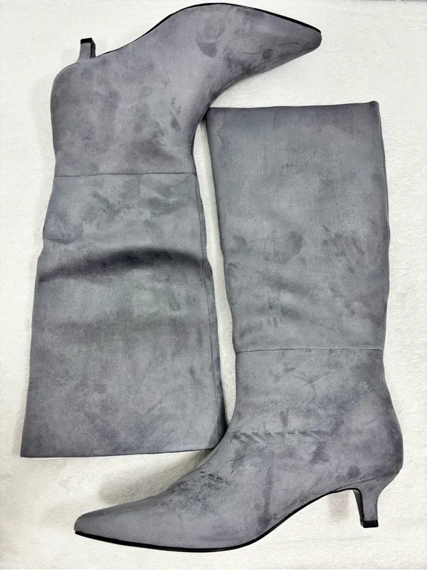 Nine West Gray Willa Kitten Heel Boots Suede Pointed-Toe Knee Boots Size 8 NEW - Image 5