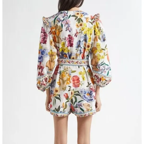 NWOT Farm Rio Greek Garden Long Sleeve Plunge Neck Cotton Romper Size XS - Image 3