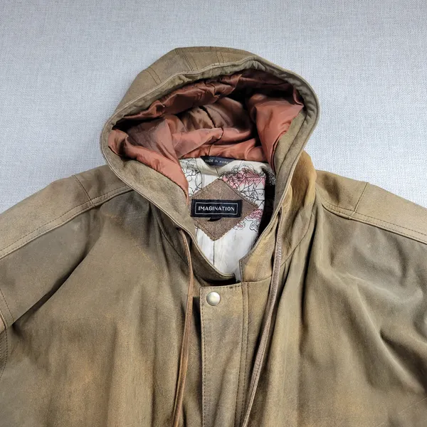 Vintage Imagination Women's Jacket M Brown Leather Hooded Oversized Fishtail - Image 14