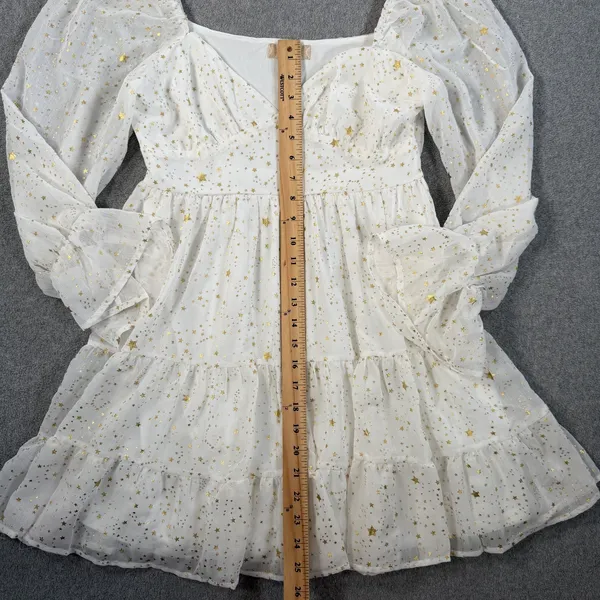 Altard State White Gold Star Tiered Ruffle Mini Dress Size Medium Puff Sleeve - Image 6