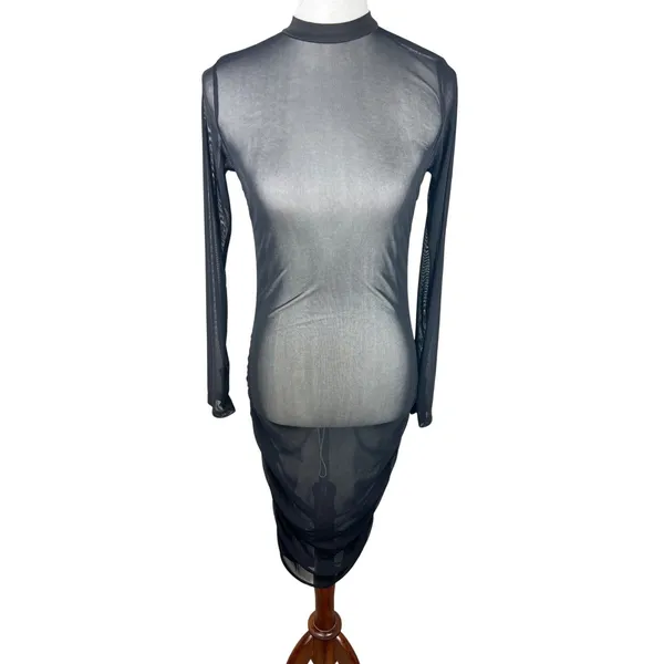 Sheer Mesh Long Sleeve Mock Neck Bodycon Midi Dress Black Ruched Thumbholes - Image 2