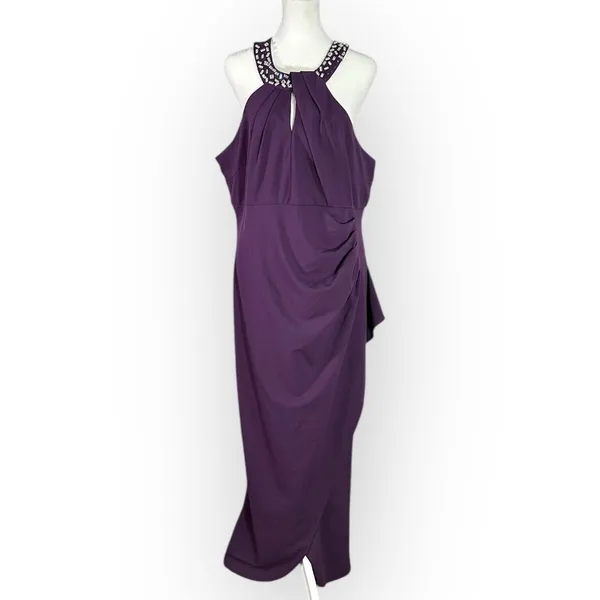 S.L. Fashions SLNY Maxi Dress Women's Plus 18 Purple Embellished Halter Neckline - Image 3